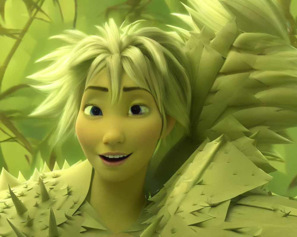 Spiky White-Haired Animated Character in Green Leafy Background