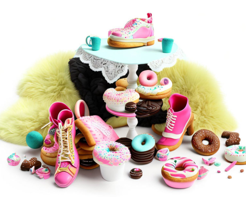 Vibrant Shoes and Sweets Display on Teal Stand