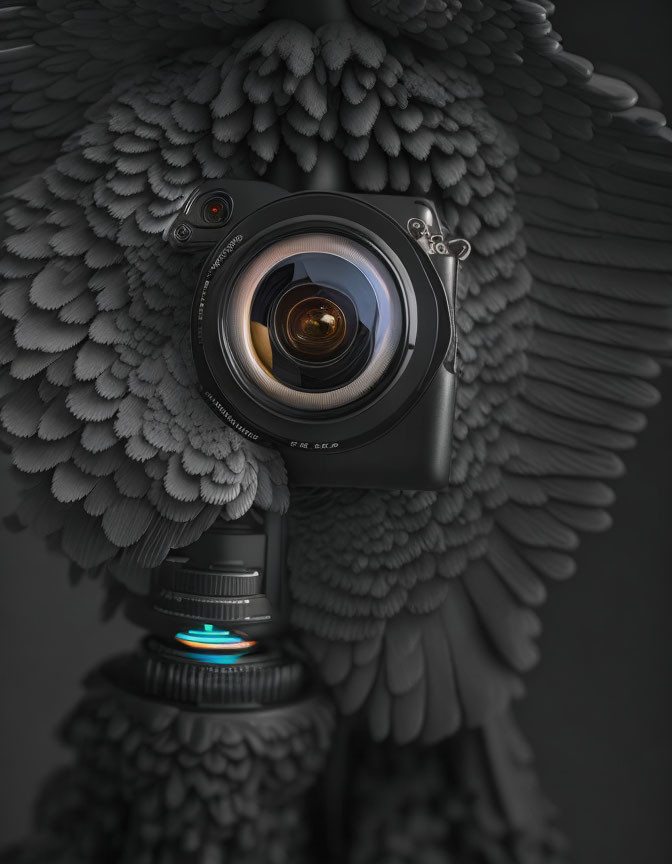 Feathered camera with owl-like design and blue light detail