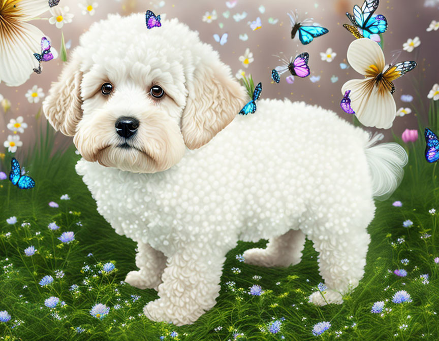 Fluffy white poodle surrounded by flowers and butterflies