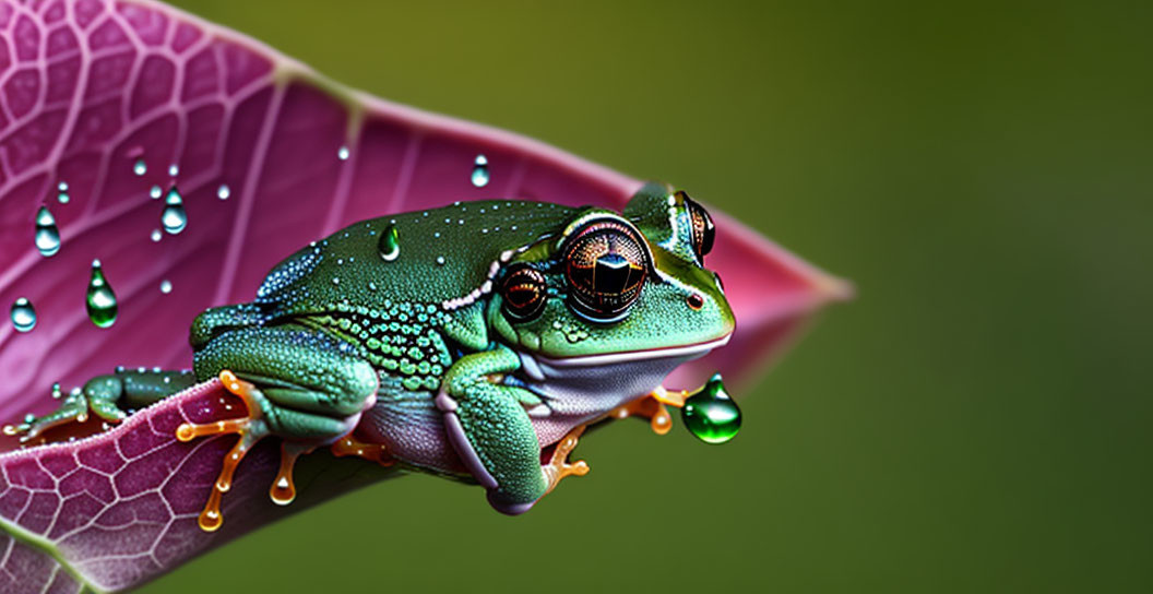 Colorful frog on pink leaf with water droplets