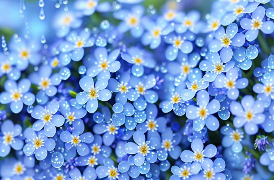 Tiny Blue Flowers Covered in Dewdrops: Fresh, Delicate Appearance