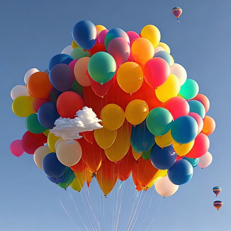 Colorful Balloons Floating in Clear Blue Sky with Hot Air Balloons in Background