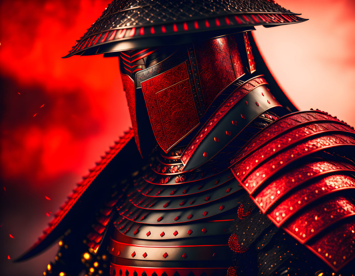 Detailed Traditional Japanese Samurai Armor on Red Smoky Background