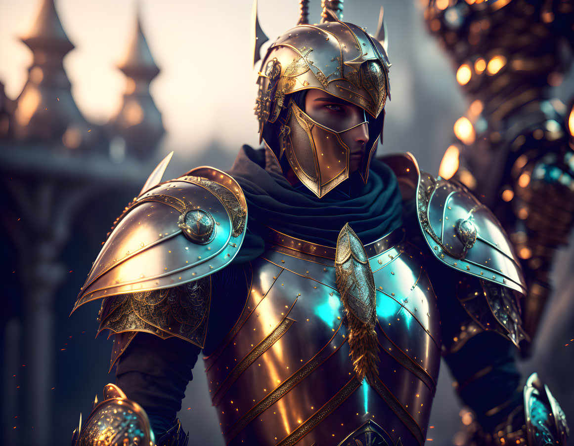 Golden armored warrior with masked helmet in front of medieval castle.