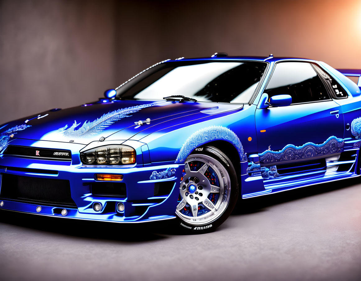 Custom Blue Sports Car with Chrome Rims and High-Performance Design