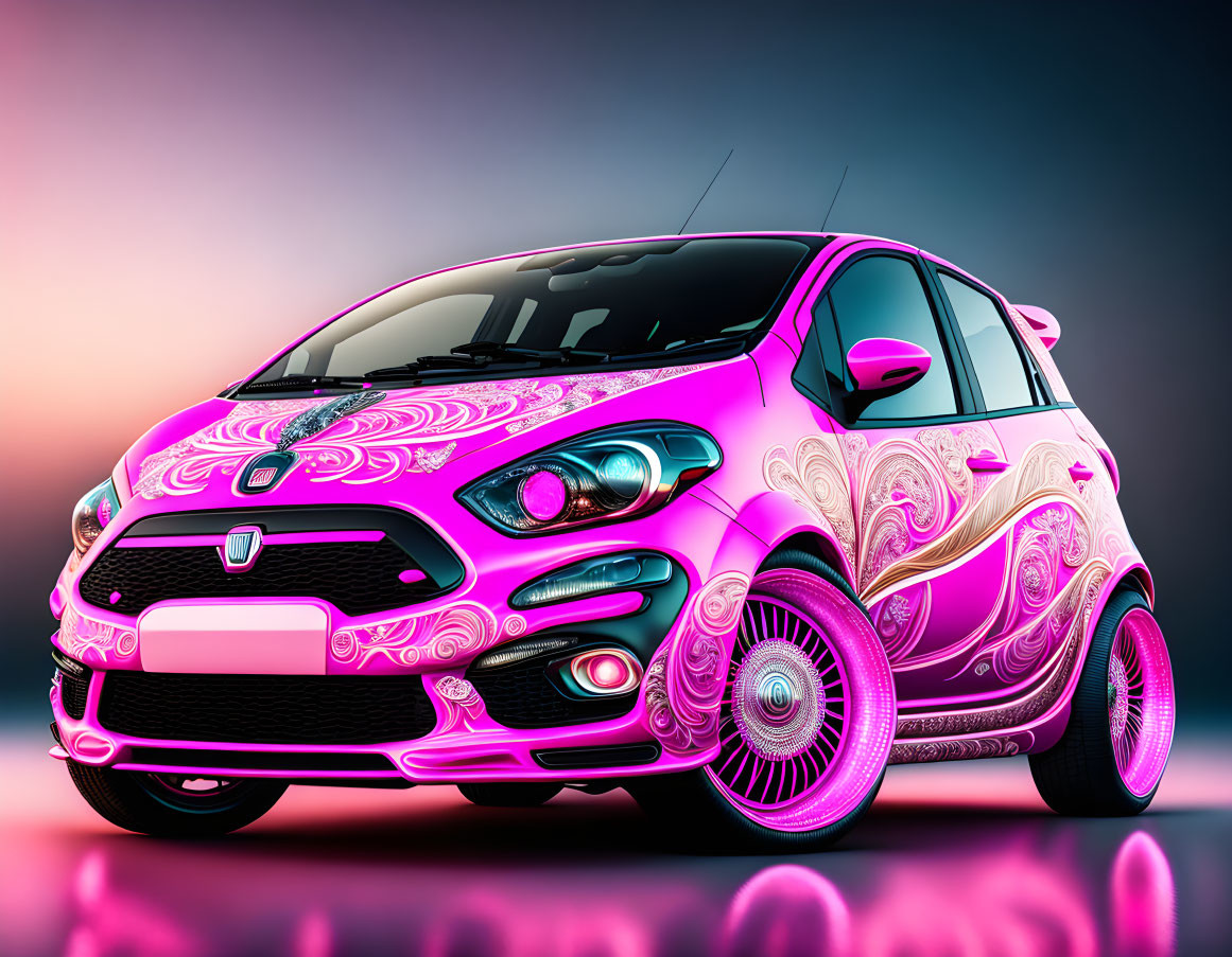 Pink Car with White Patterns and Enhanced Wheels on Gradient Background