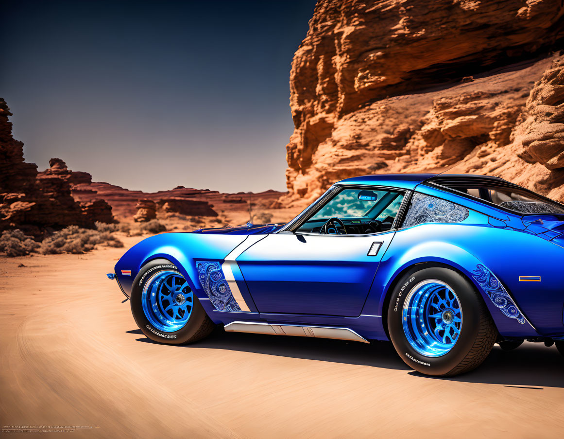 Blue Classic Sports Car with Racing Stripes Parked in Desert Landscape
