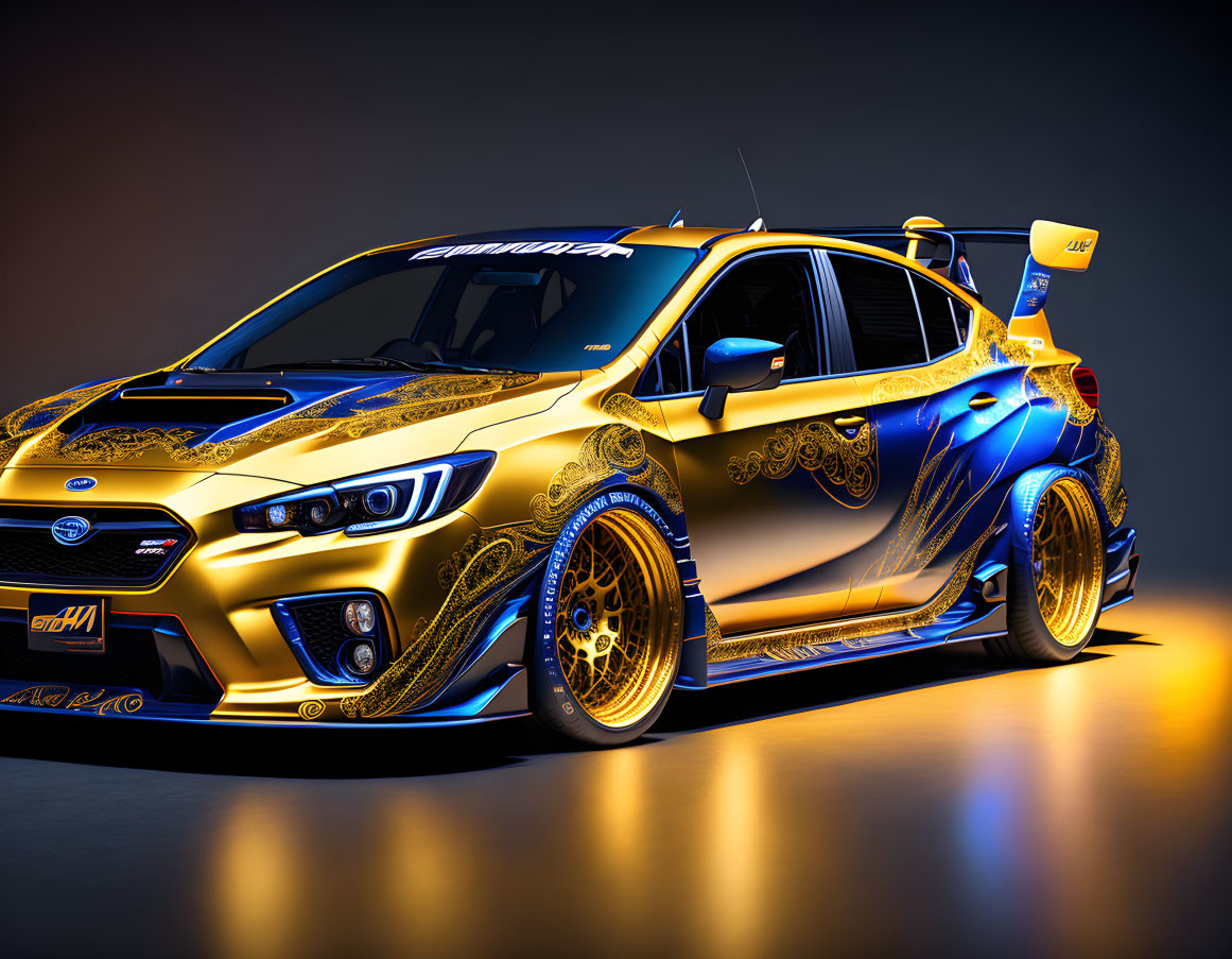 Customized Blue and Gold Subaru Car with Ornate Designs and Aftermarket Modifications