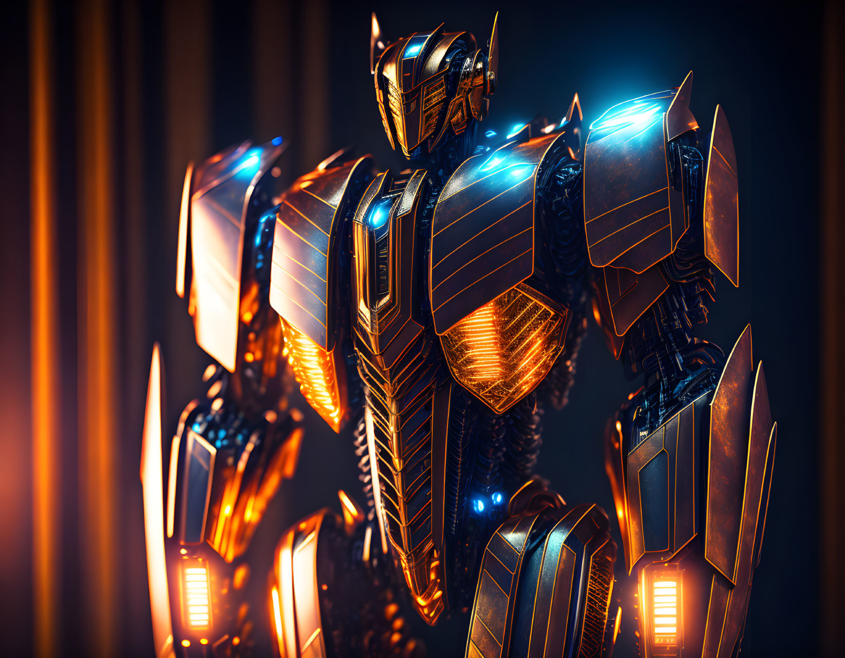 Detailed Robot with Glowing Orange and Blue Lights Against Vertical Illuminated Panels