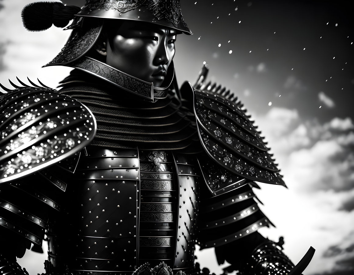 Monochrome image: Person in Japanese samurai armor under falling snowflakes