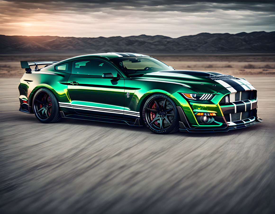 Metallic Green Ford Mustang with Black Stripes Speeding in Desert Dusk