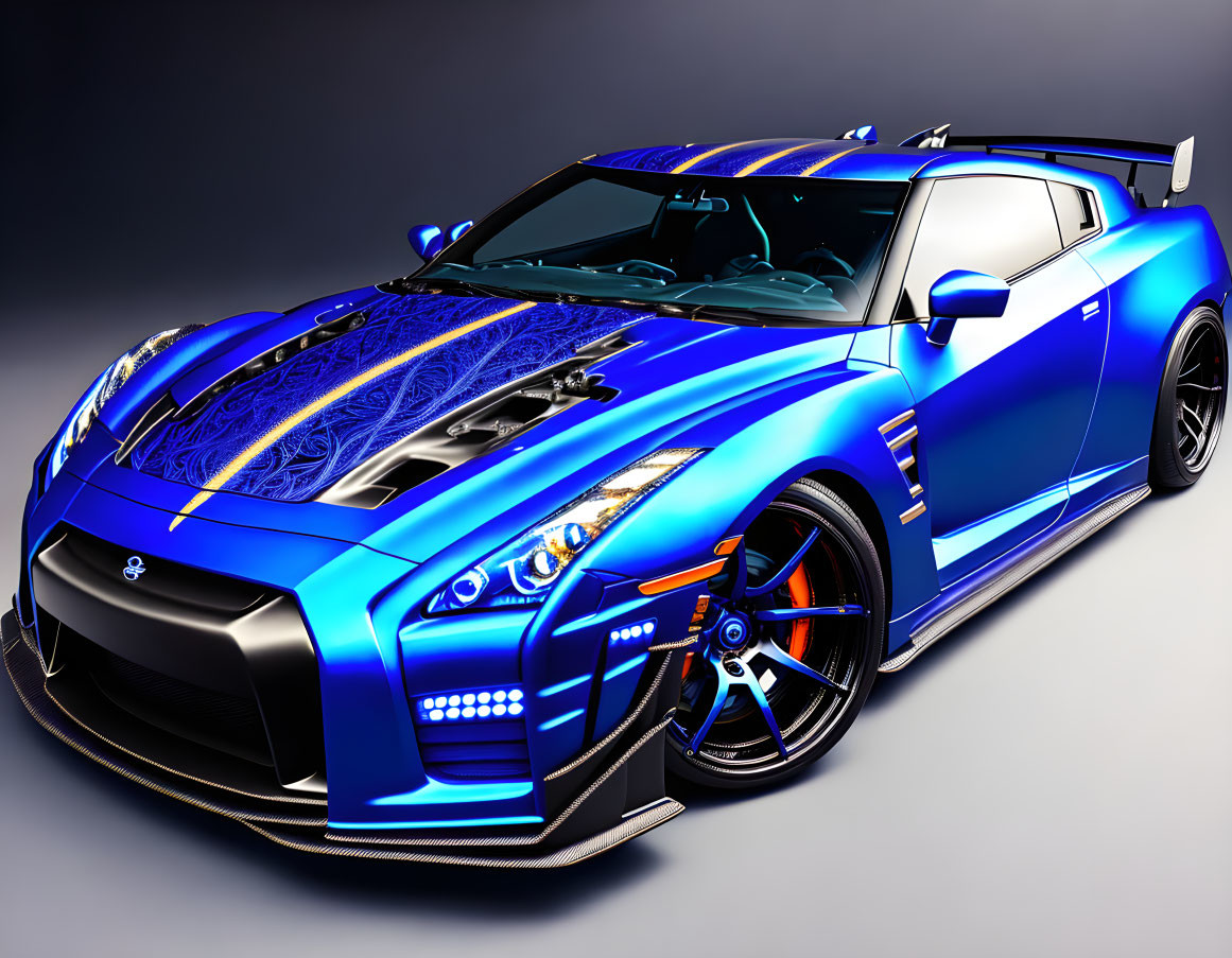 Blue Sports Car with Black and Gold Details and Customized Aerodynamic Elements