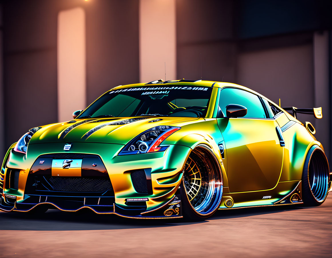 Customized Nissan GT-R with Green and Gold Bodywork and Black Mesh Wheels