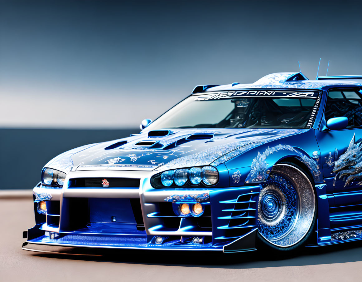 Blue Sports Car with Dragon Artwork and Chrome Details
