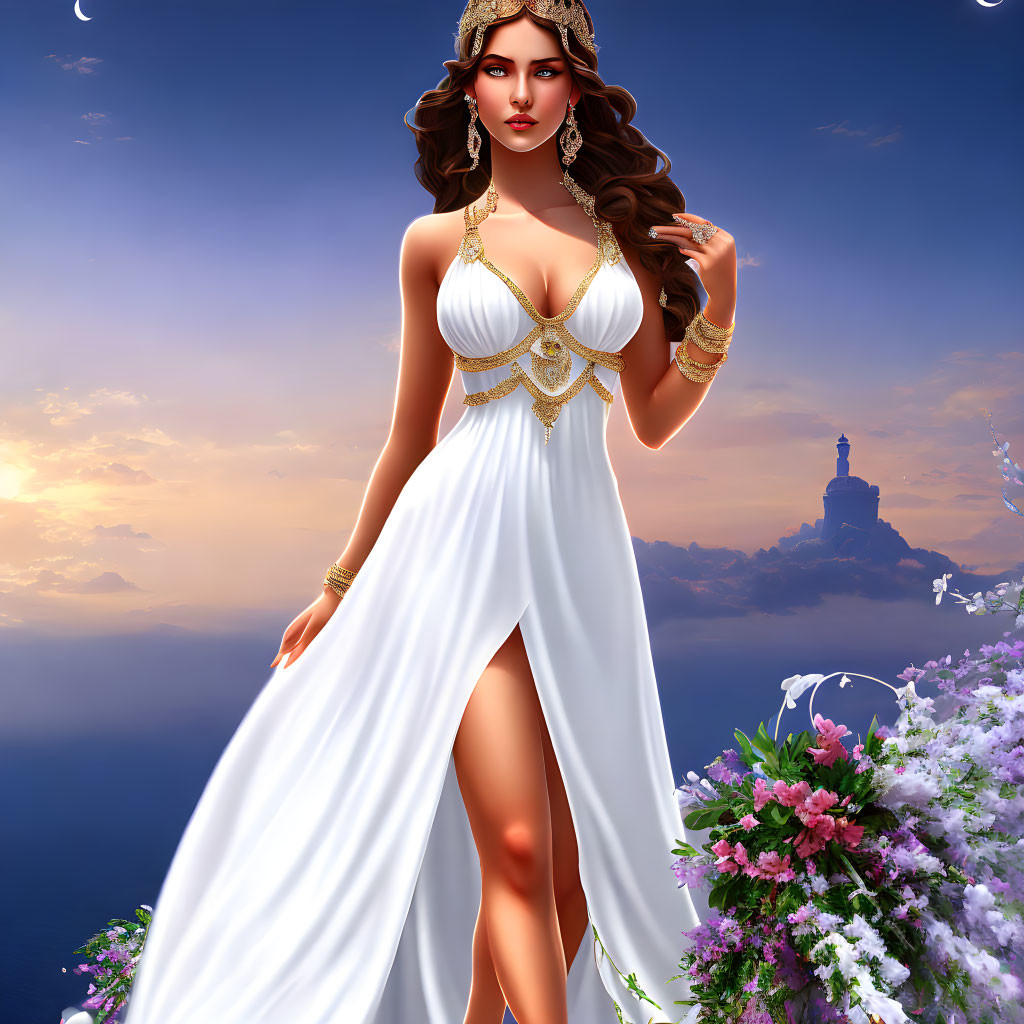 Digital artwork of woman in white and gold dress surrounded by colorful flowers under twilight sky.