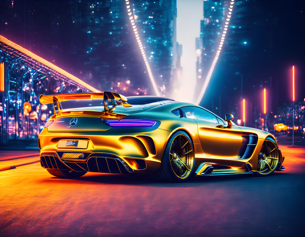 Luxury sports car with neon reflections in urban night scene