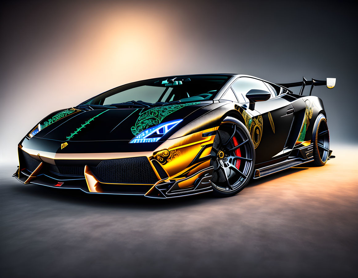 Custom Black Lamborghini with Green Accents and Alloy Wheels on Gradient Background