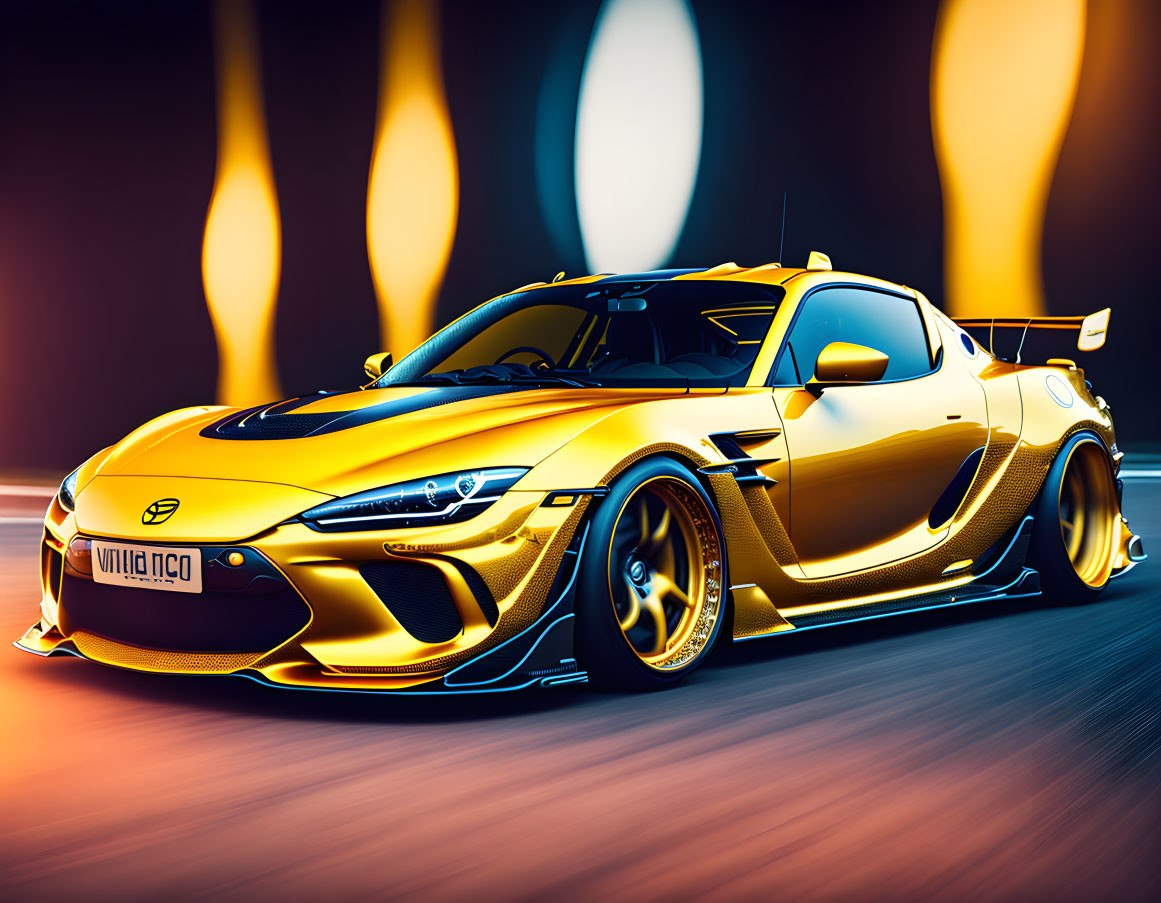 Golden Sports Car with Aggressive Body Kit and Flame Effects