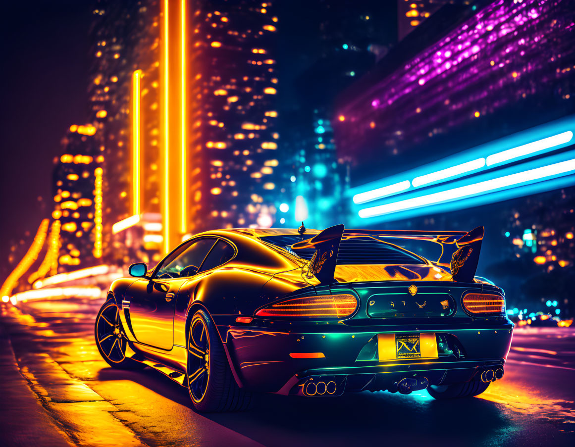 Black sports car with rear spoiler in neon-lit cityscape at night