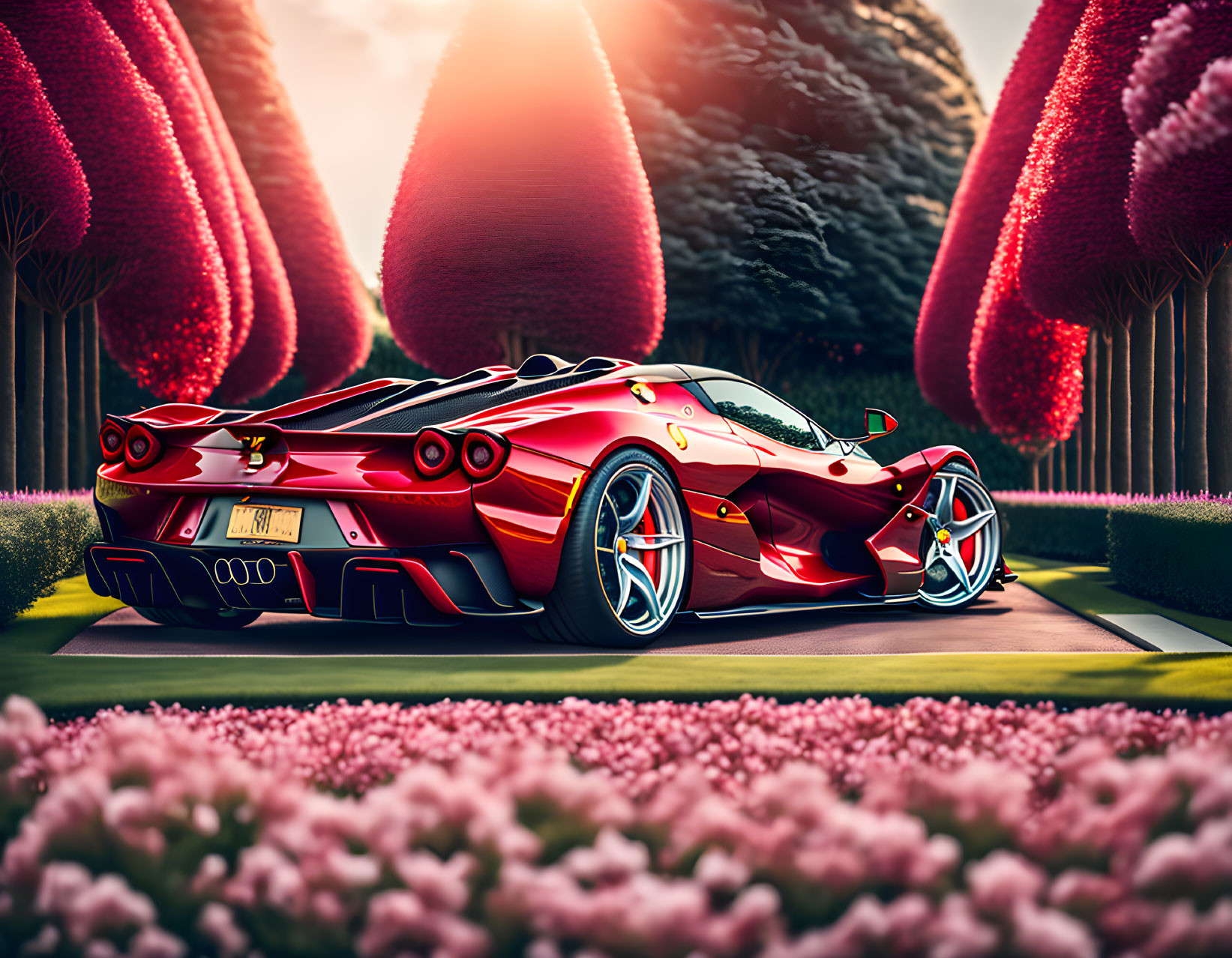 Red sports car parked among pink hedges and flowers on pathway under clear sky