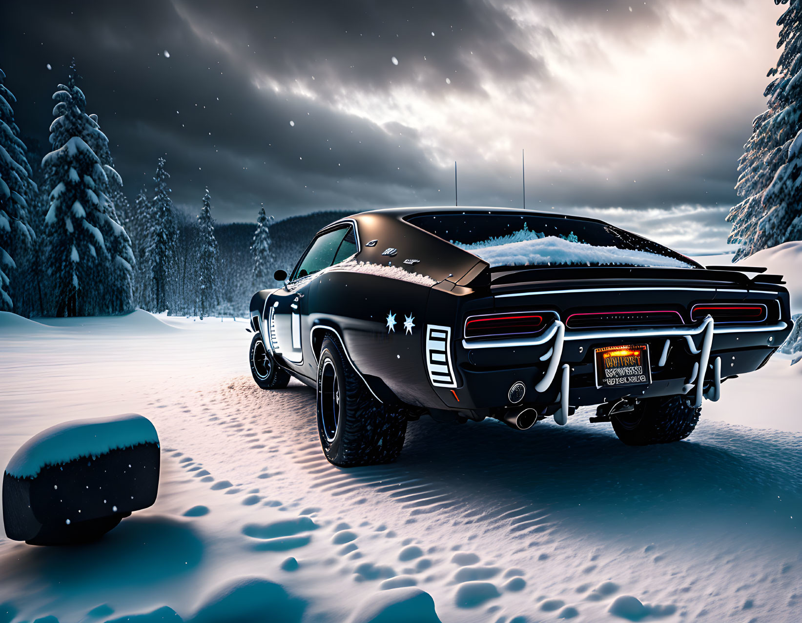 Classic muscle car in snow-covered night scene