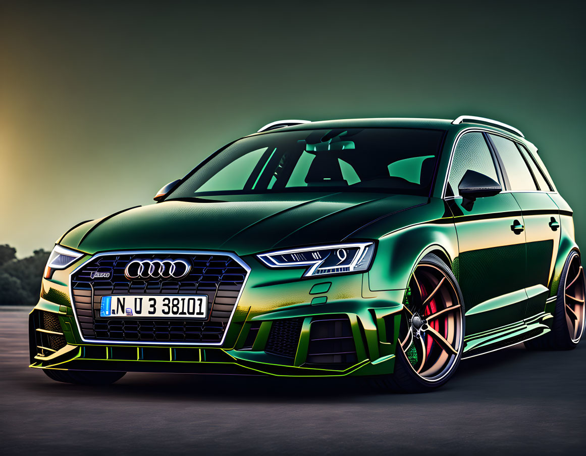 Green Audi RS3 Sportback with Black Accents and Custom Wheels on Gradient Background