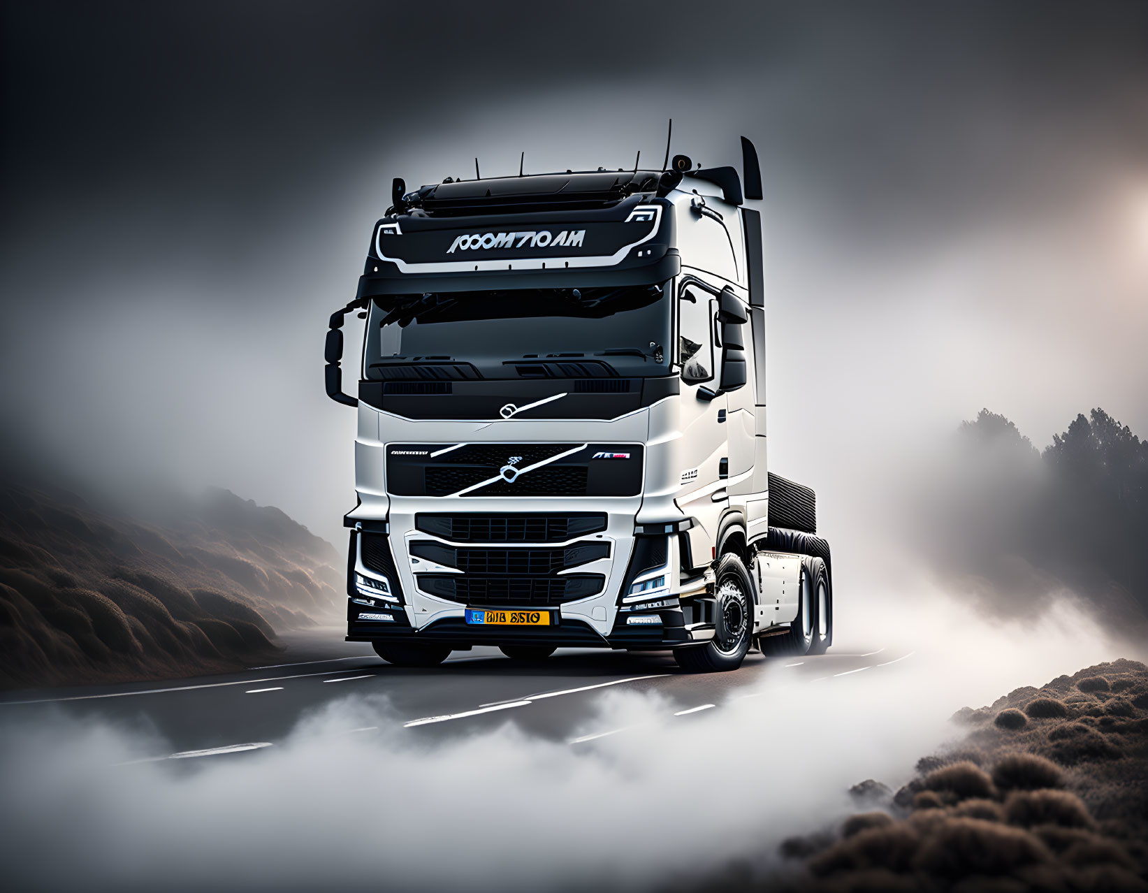 White Volvo semi-truck on foggy road with moody lighting and sleek design
