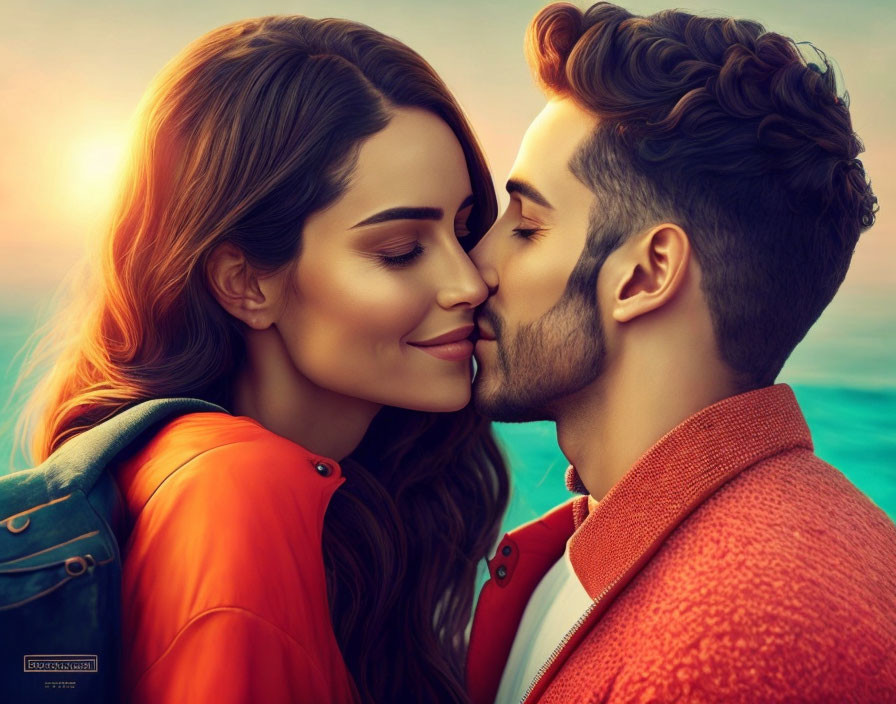 Digital illustration of man kissing woman on cheek with warm-toned jackets and serene seascape.