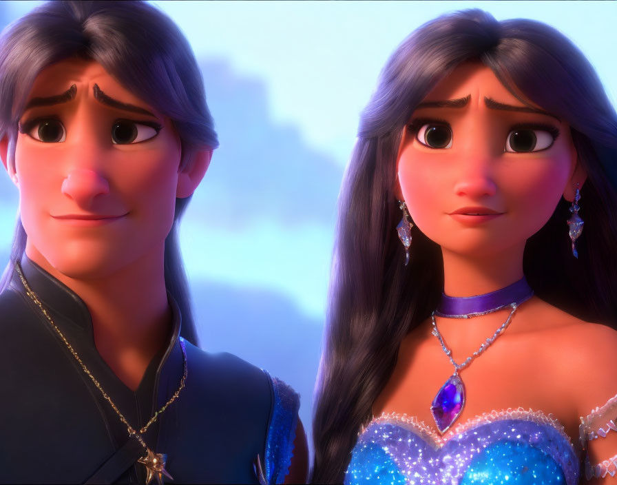 Male and female animated characters with surprised expressions in colorful setting.