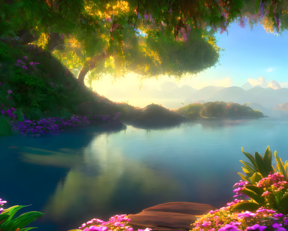Sunlit river landscape with lush greenery and distant mountains