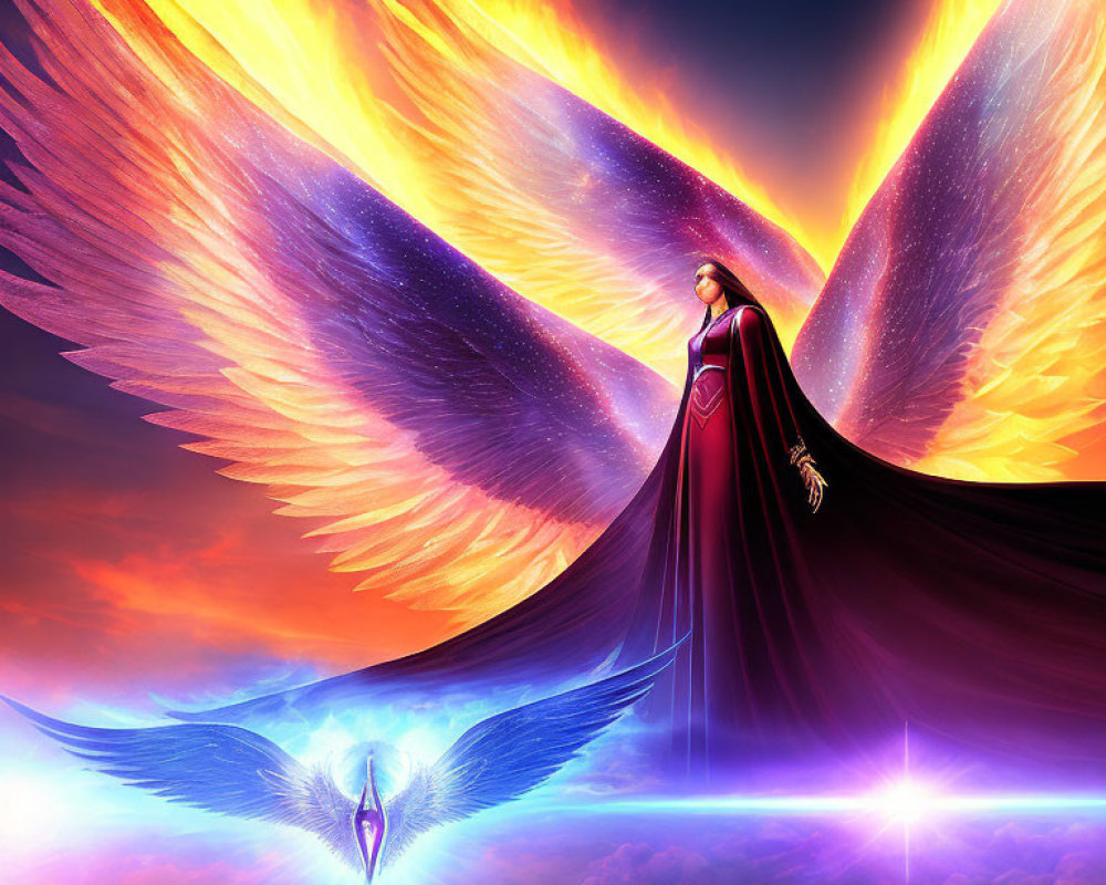 Majestic figure with fiery wings in celestial backdrop