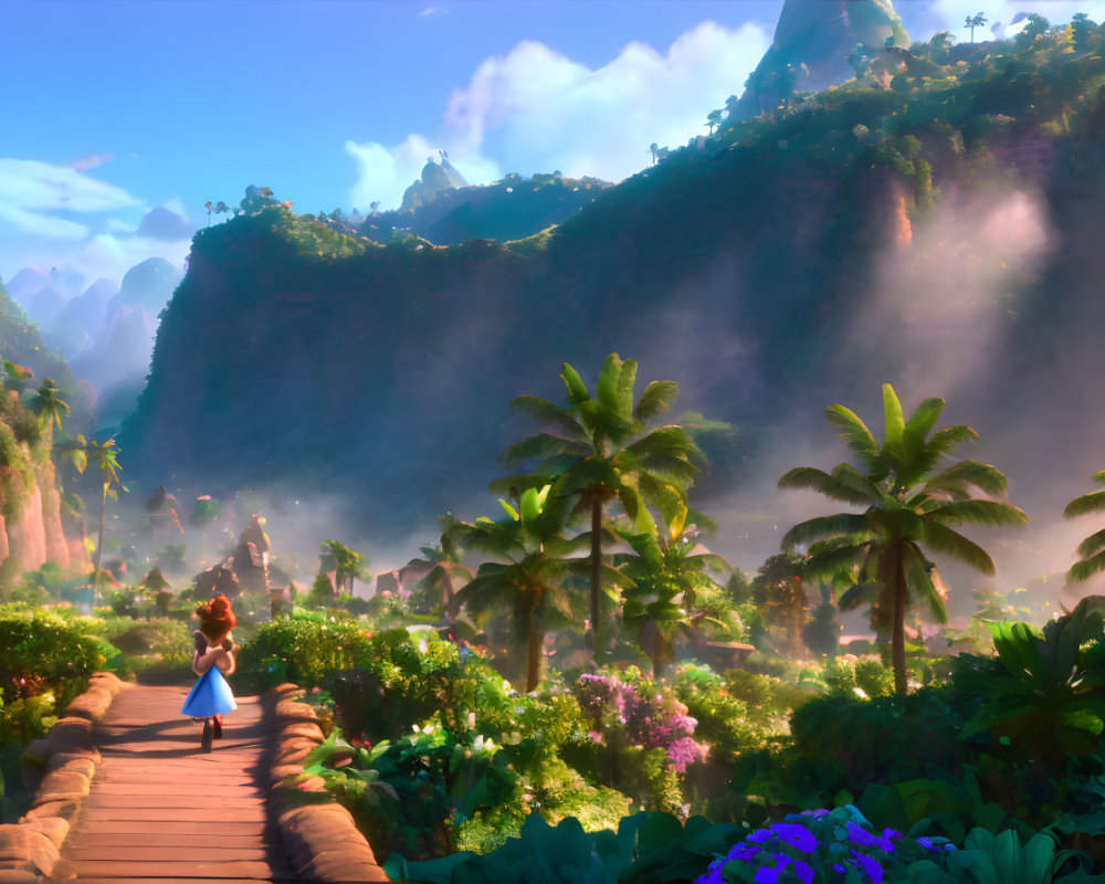 Colorful Animated Scene: Character Crossing Bridge in Tropical Landscape