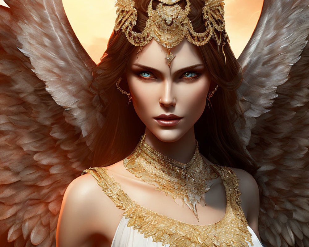 Angelic figure with white wings in golden headpiece and white dress