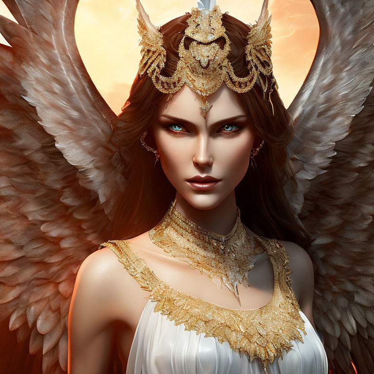 Angelic figure with white wings in golden headpiece and white dress