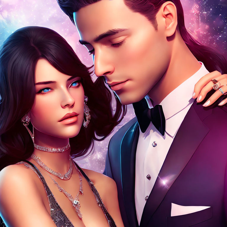Formal Attired Couple with Cosmic Background and Intense Gazes