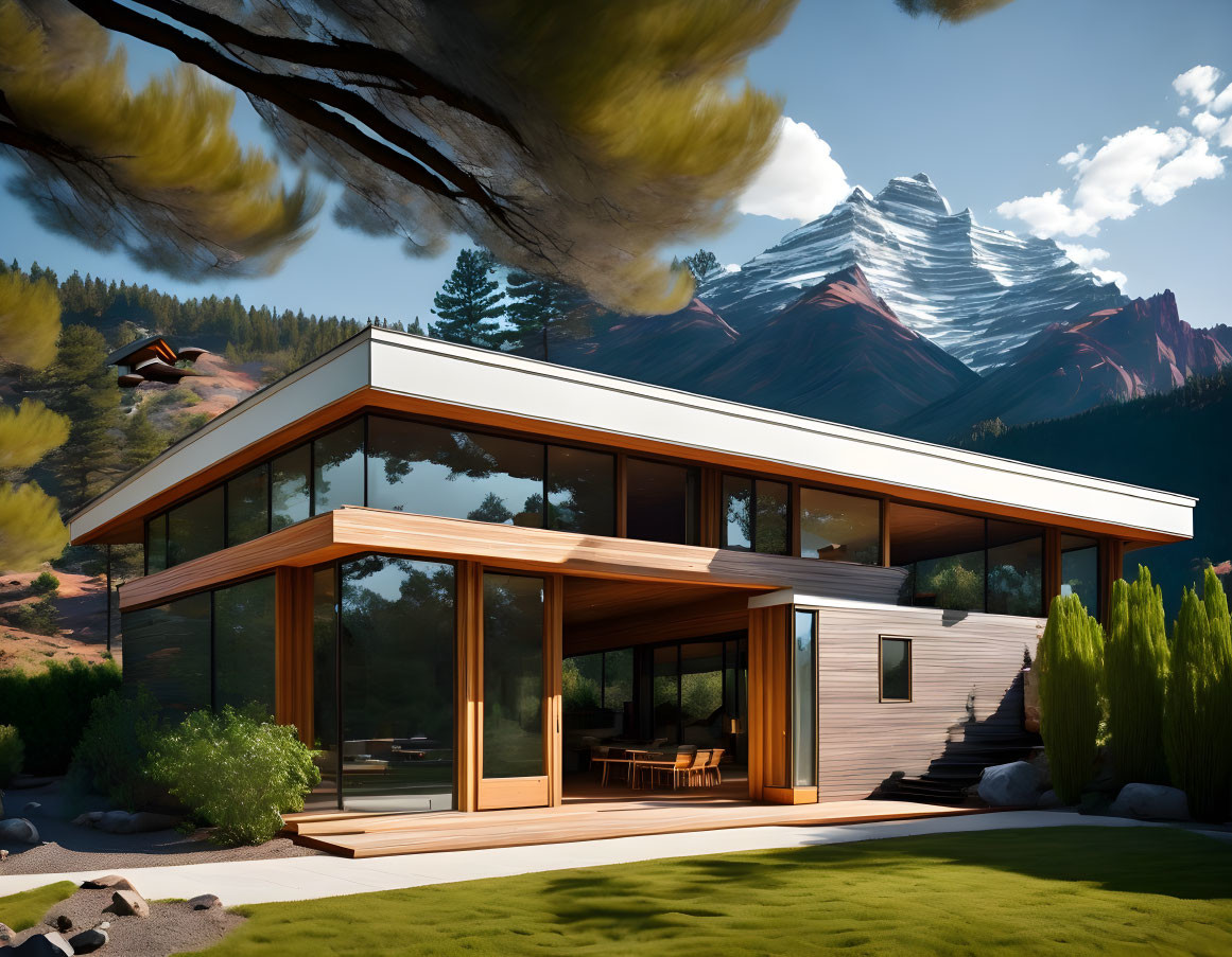 Contemporary glass-fronted house with flat roof, mountains backdrop, trees, and shaded deck.