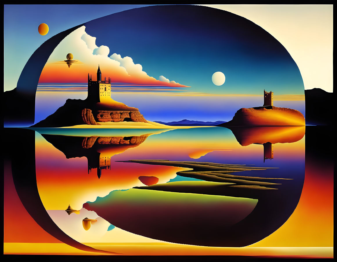 Surreal landscape with mirrored water, castles, pathway, and celestial bodies