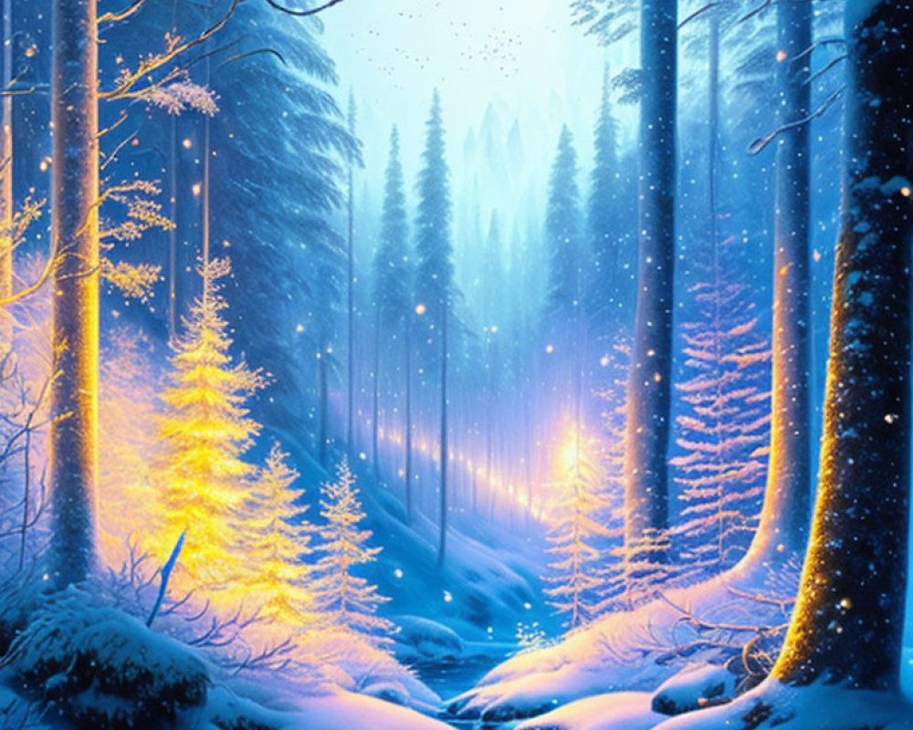 Snowy forest with tall trees and glowing light beside a stream