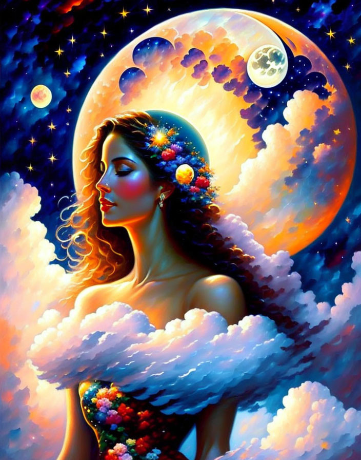 Vibrant illustration of woman merging with cosmic night sky