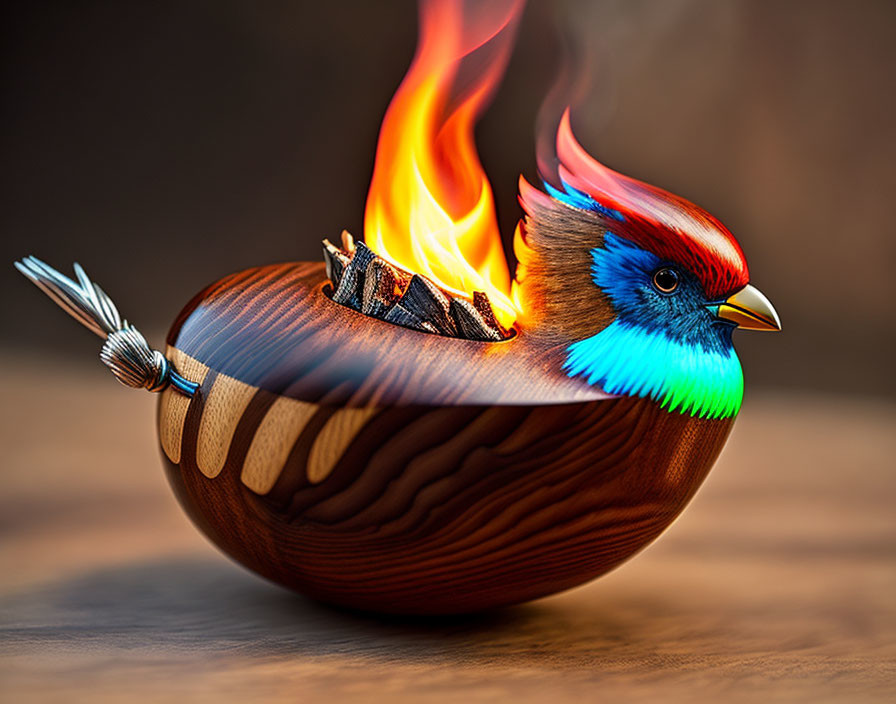 Colorful wooden phoenix bird with flaming tail on soft-focus backdrop