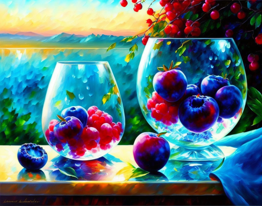 Colorful painting featuring glass bowls with fruits on table near sunset.