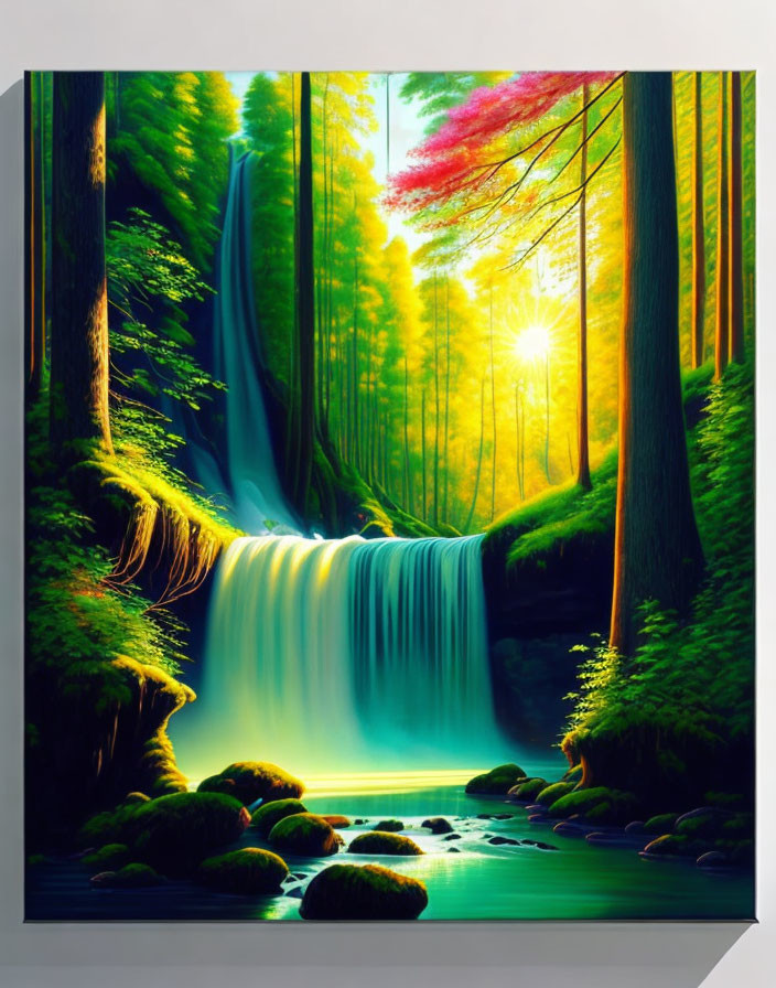 Forest Waterfall Painting: Sunrise Scene with Sunbeams and Colorful Foliage
