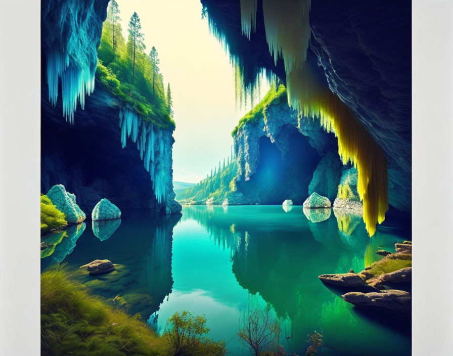 Ethereal cave with turquoise water and hanging stalactites