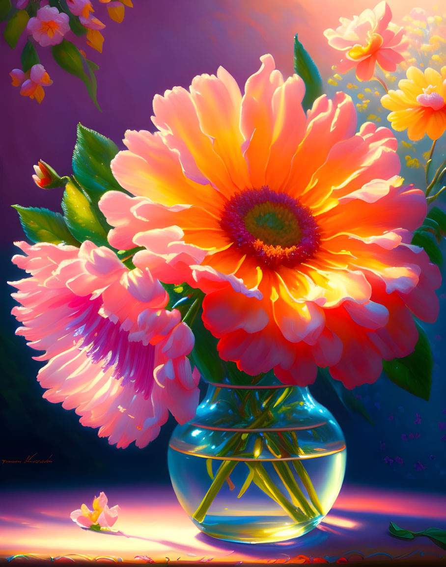 Colorful Flower Painting in Glass Vase with Bright Background