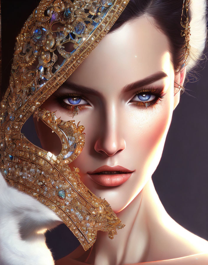 Woman with Striking Blue Eyes Holding Ornate Gold Mask