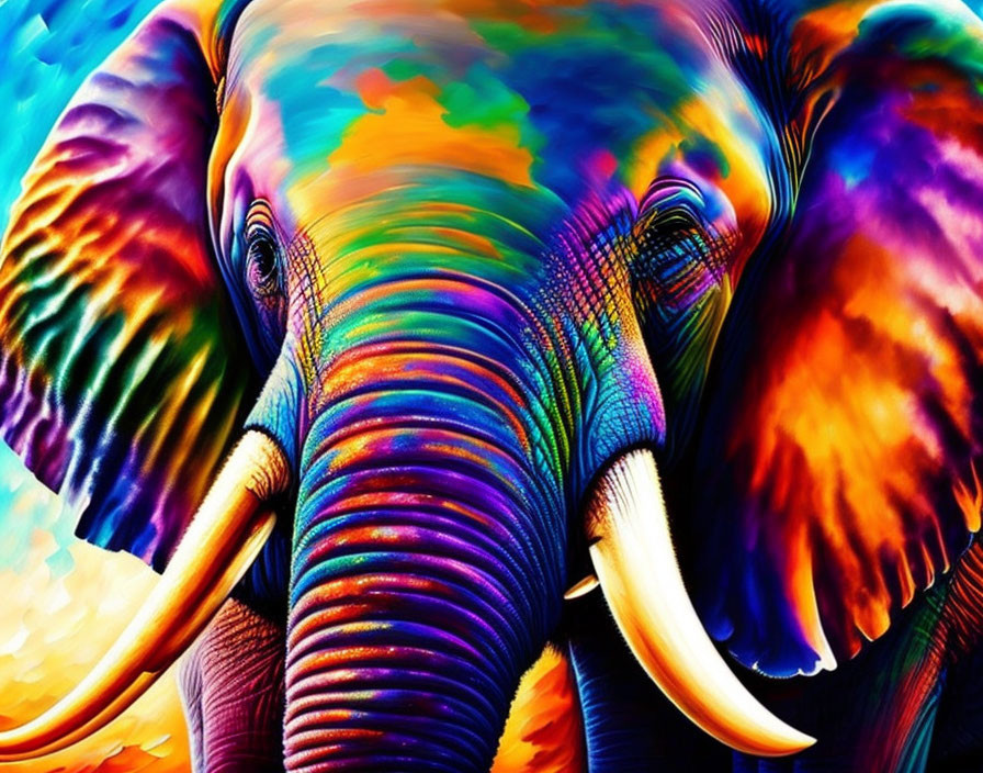 Colorful digital artwork: Elephant in psychedelic blues, oranges, and purples