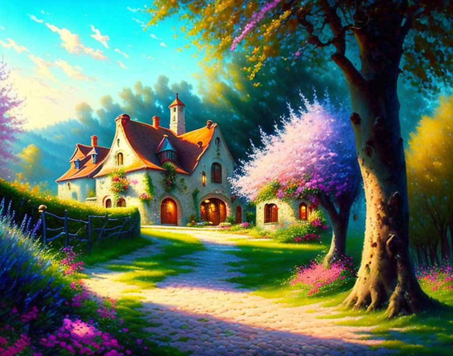 Colorful Fairytale Cottage Painting with Cobblestone Pathway