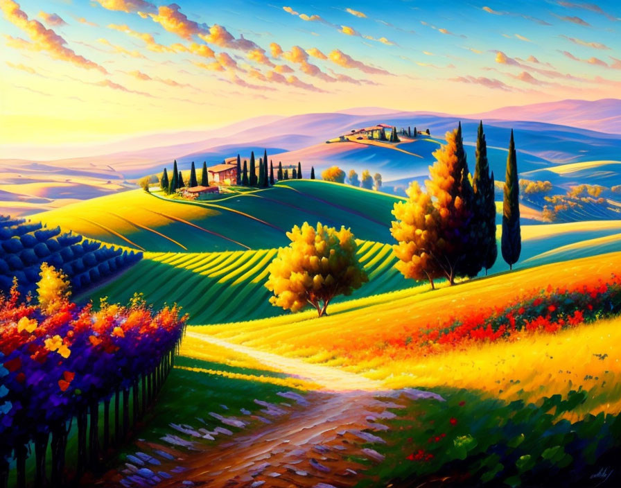 Colorful Tuscan landscape with flowers, fields, cypress trees, and farmhouse