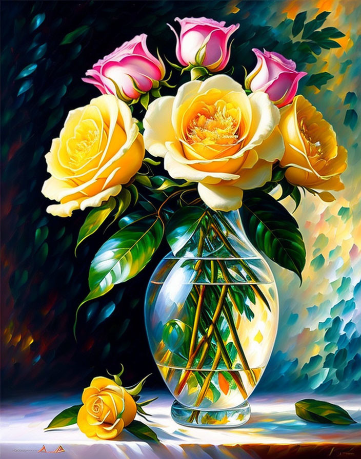 Colorful painting: Yellow and pink roses in glass vase on dark, leafy backdrop